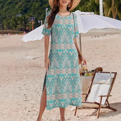 Robe maxi femme – Coupe ample – Imprimé fleuri bohème – Fentes latérales – Tissu respirant