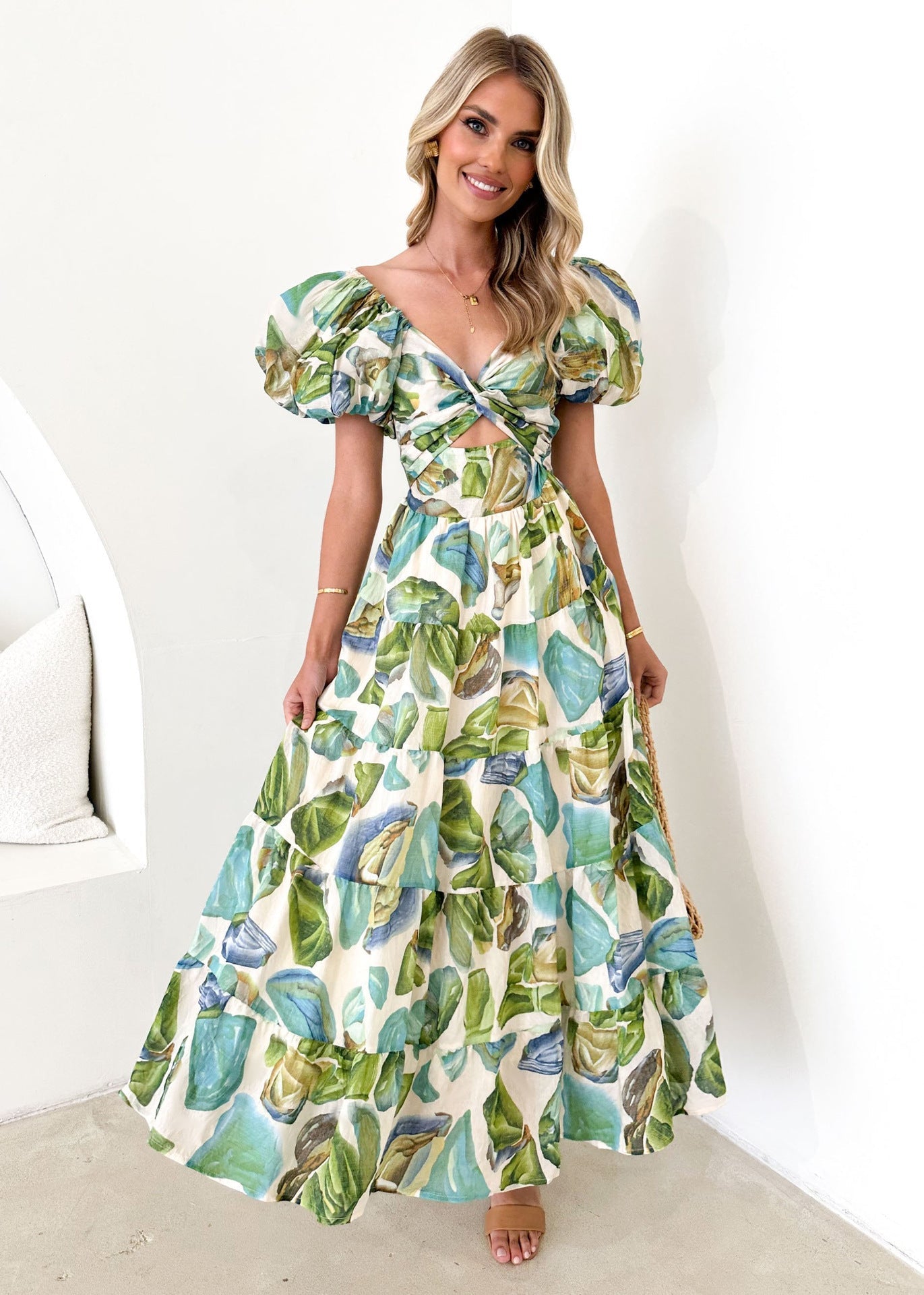 Robe longue femme – Épaules dénudées – Manches bouffantes – Taille smockée