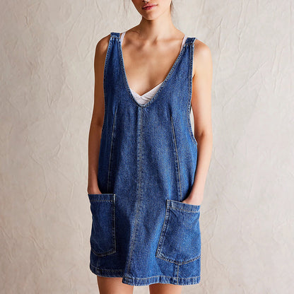 Robe femme courte – Coupe droite décontractée – Sans manches – Fibres naturelles – Poches devant