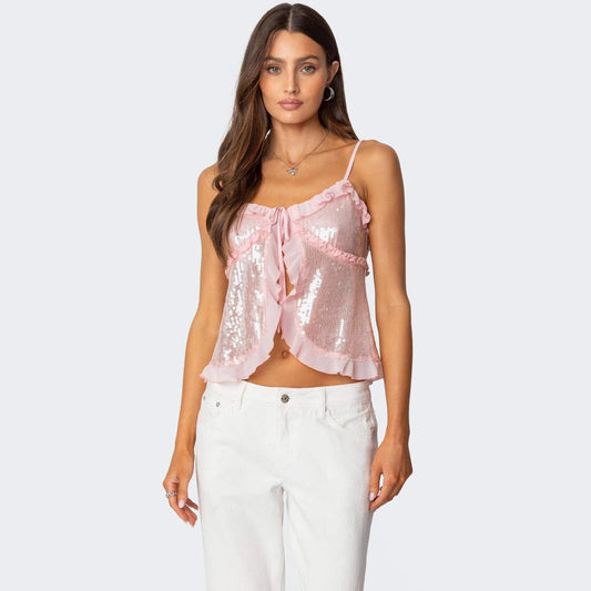 Top court femme – Coupe ajustée – Bretelles fines – Sequins – Volants – Nœud devant