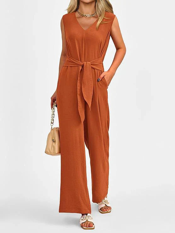 Combinaison femme – Coupe ample – Sans manches – Décolleté en V – Ceinture à nouer