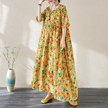 Robe longue femme – Imprimé fleuri – Coupe ample – Manches trois-quarts – Style fluide