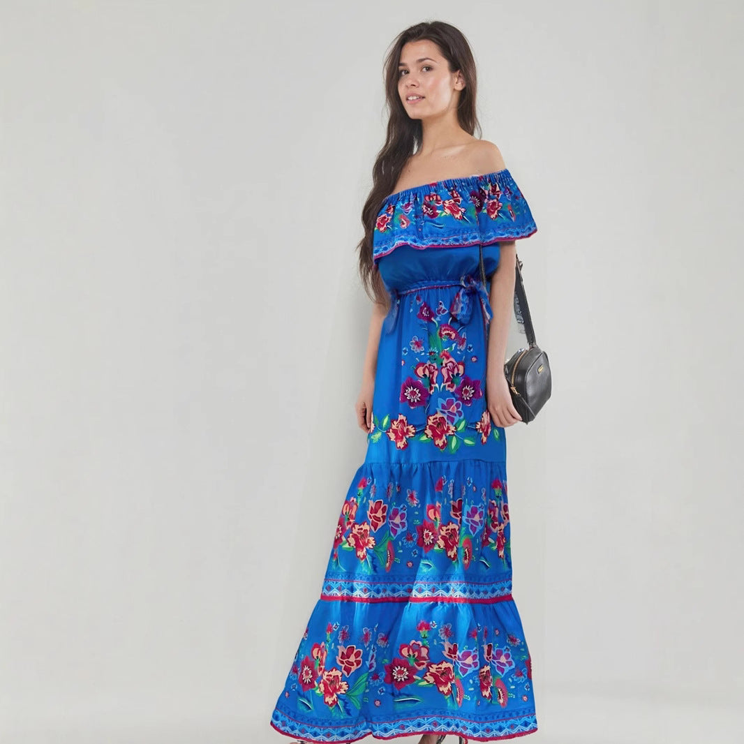 Robe longue femme – Épaules dénudées – Imprimé fleuri – Taille ajustable – Jupe à volants