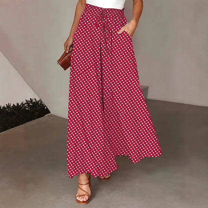 Pantalon large femme – Coupe fluide – Imprimé à pois – Taille cordon – Style décontracté