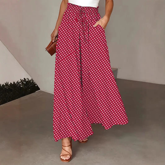 Pantalon large femme – Coupe fluide – Imprimé à pois – Taille cordon – Style décontracté