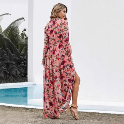 Robe longue femme – Tissu fluide – Imprimé fleuri – Manches longues – Style bohème