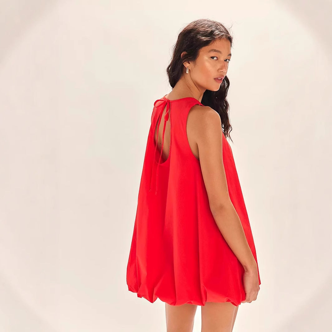Robe courte femme – Sans manches – Dos nu – Coupe trapèze fluide – Ourlet ballon
