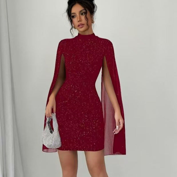 Robe mini femme – Coupe slim – Manches cape – Col montant – Tenue soirée élégante