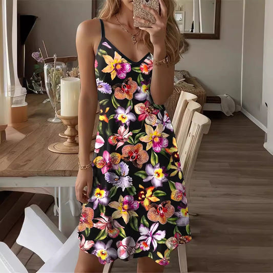 Robe courte femme – Coupe évasée – Bretelles fines – Col en V – Motif floral respirant