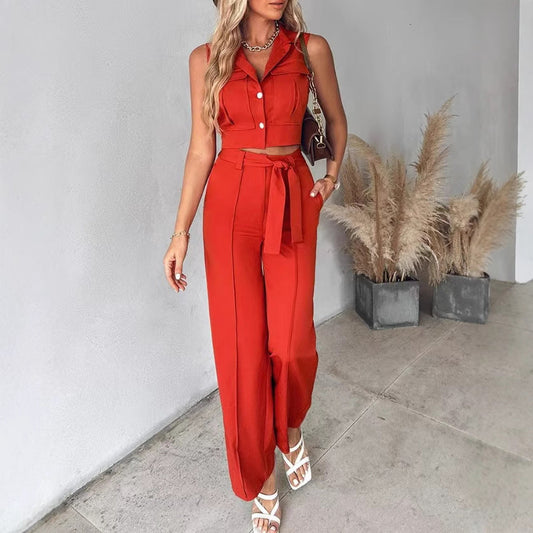 Ensemble femme – Top court sans manches à col – Pantalon large taille haute ceinturé