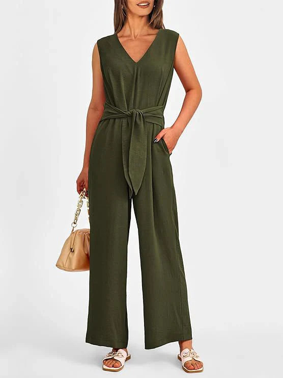 Combinaison femme – Coupe ample – Sans manches – Décolleté en V – Ceinture à nouer