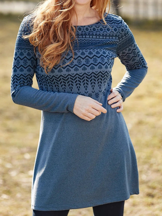 Robe femme – Coupe droite décontractée – Manches longues – Imprimé ethnique – Col rond