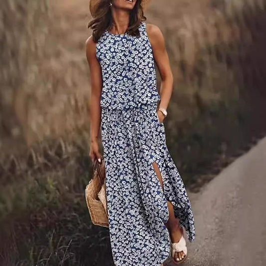 Robe longue femme – Coupe ample – Sans manches – Imprimé fleuri – Tissu respirant – Poches