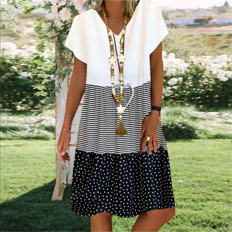 Robe midi femme – Coupe ample – Col en V – Manches courtes – Tissu respirant – Style décontracté