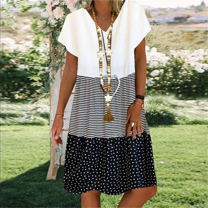 Robe midi femme – Coupe ample – Col en V – Manches courtes – Tissu respirant – Style décontracté