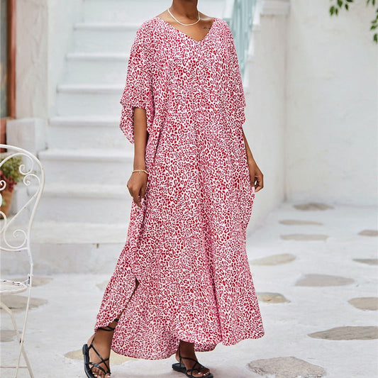 Robe caftan femme – Coupe ample – Tissu respirant – Imprimé animal – Col en V