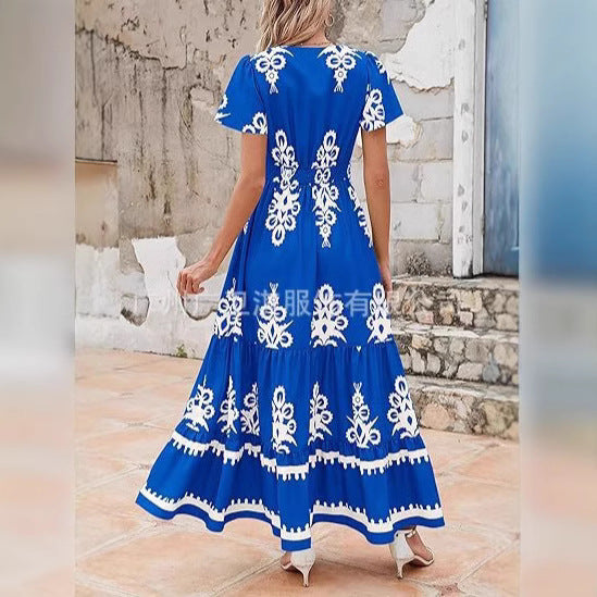 Robe longue femme – Coupe évasée – Imprimé fleuri – Manches courtes – Tissu respirant