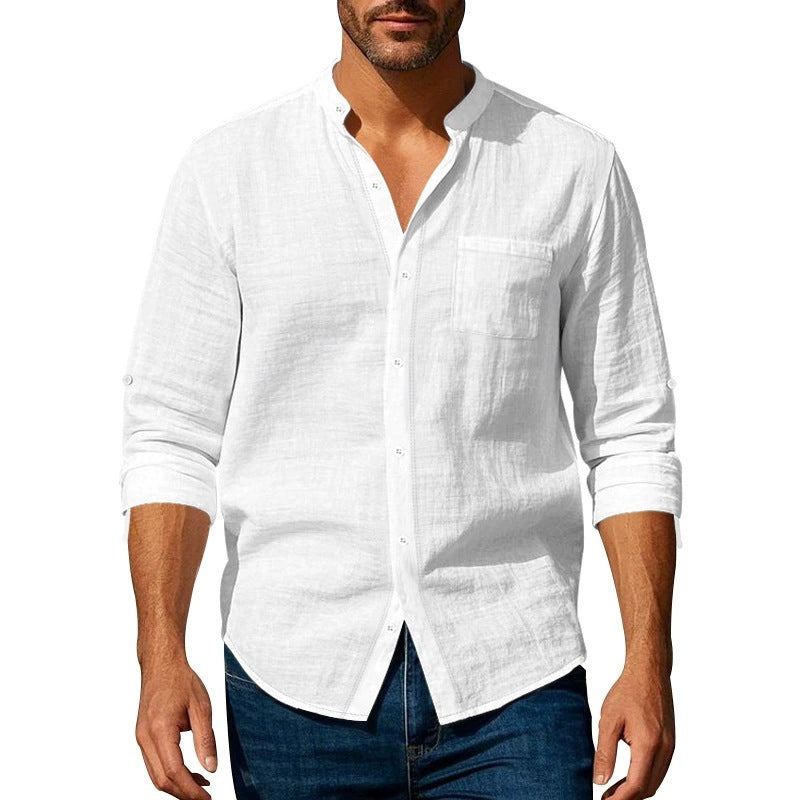 Men's shirt – Breathable linen – Relaxed fit – Band collar – Buttoned cuffs