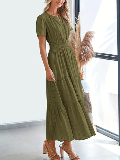Robe longue femme – Col en V – Manches bouffantes – Taille froncée – Coupe évasée