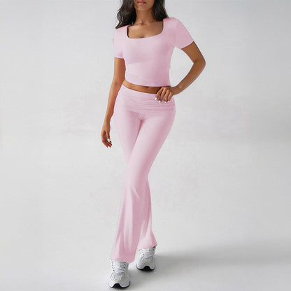 Ensemble Femme Deux Pièces – Haut Court Ajusté Col Carré – Pantalon Évasé Taille Haute