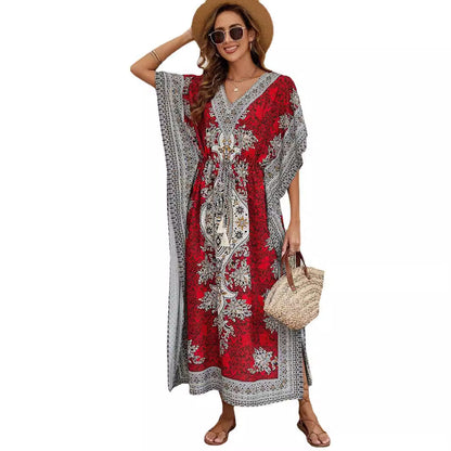 Robe longue femme – Tissu respirant – Coupe fluide – Manches courtes larges – Col en V