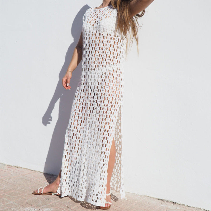 Robe Longue Femme – Maille Crochet Aérée – Sans Manches – Fente Latérale – Coupe Ample