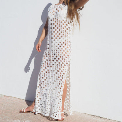 Robe Longue Femme – Maille Crochet Aérée – Sans Manches – Fente Latérale – Coupe Ample