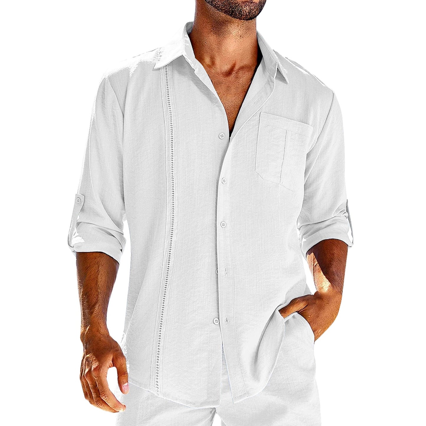 Chemise décontractée homme – Coupe ample – Fibres naturelles – Manches longues boutonées