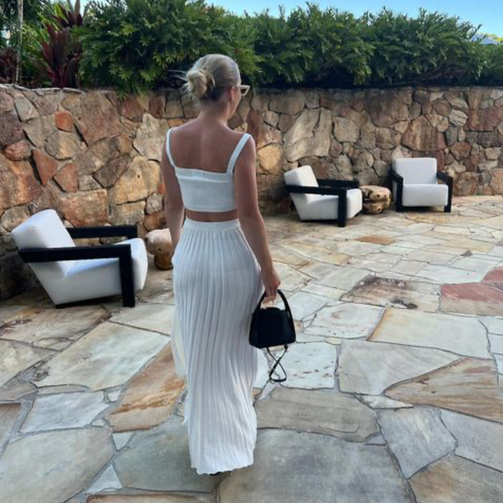 Set women's cropped knit tank – Slim cut – Long pleated high-waisted skirt