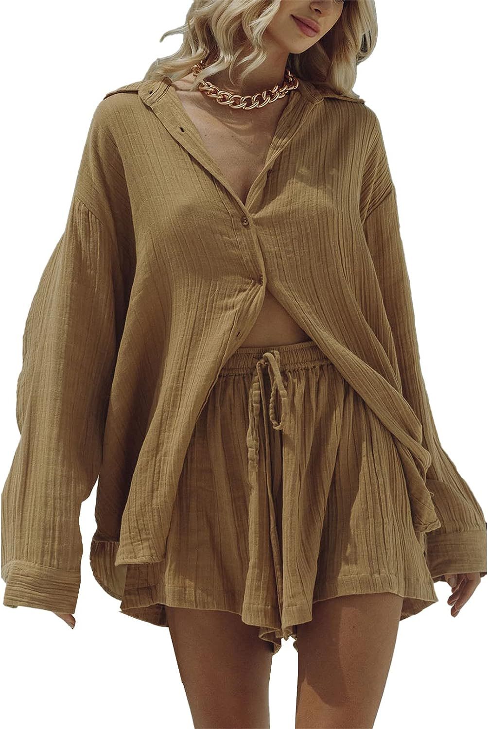 Ensemble deux pièces pour femme - Top à manches longues ample - Taille élastiquée pour une coupe décontractée