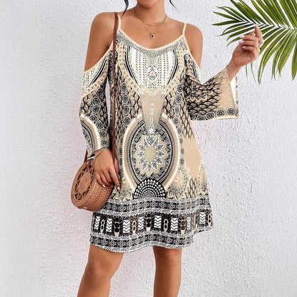 Robe Midi Femme – Coupe Ample – Épaules Dénudées – Manches Mi-longues