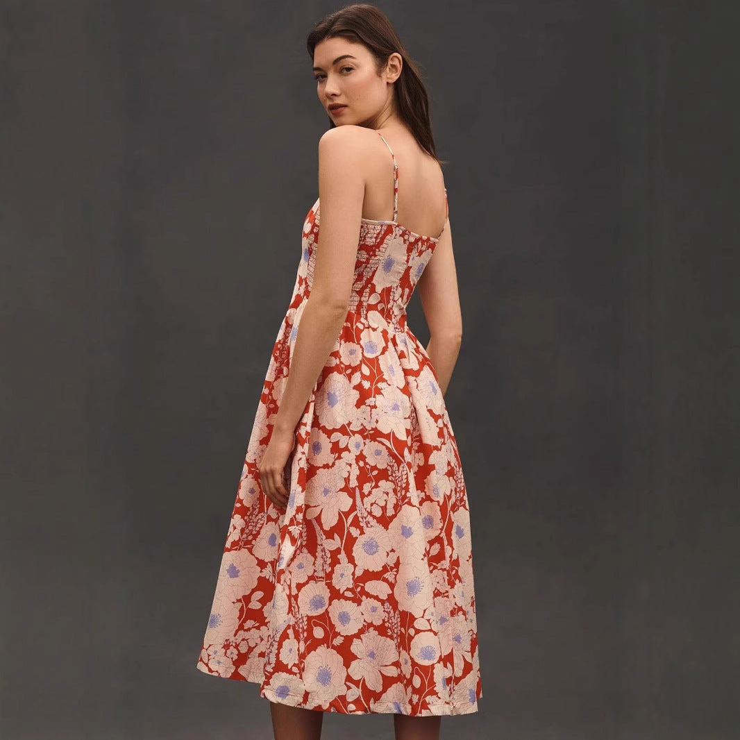 Robe longue femme – Col halter – Imprimé floral – Coupe évasée – Tissu respirant