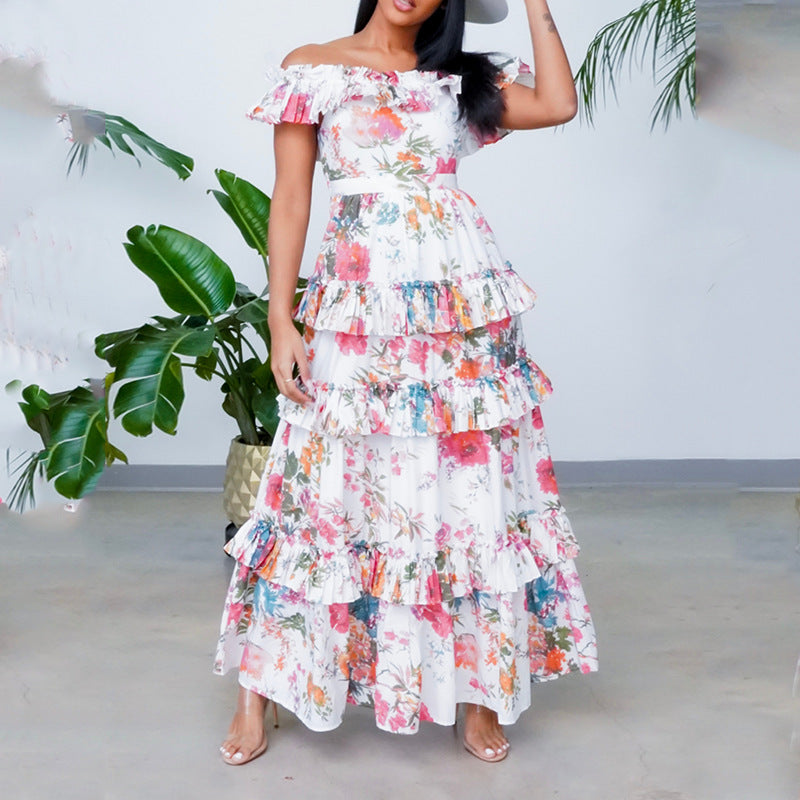 Robe longue femme – Fibres naturelles – Épaules dénudées – Volants à étages – Coupe fluide