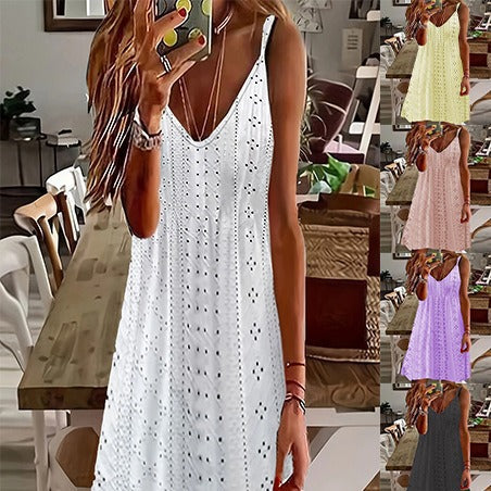 Mini robe pour femmes – Broderie élégante – Col en V – Bretelles fines