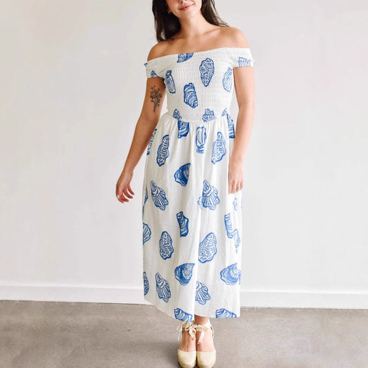 Robe femme épaules dénudées – Coupe évasée – Imprimé coquillage – Tissu respirant