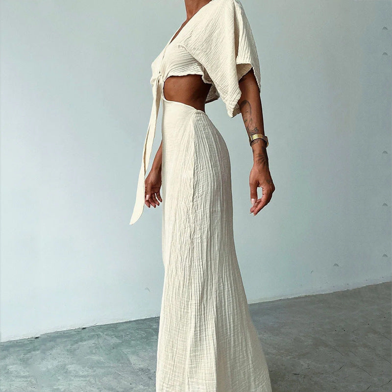 Robe longue femme – Coupe slim – Coton – Décolleté en V – Dos nu – Manches courtes