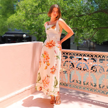 Robe longue femme – Coton – Dos nu – Imprimé floral – Col carré élégant