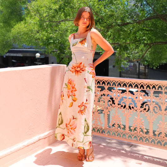 Robe longue femme – Coton – Dos nu – Imprimé floral – Col carré élégant