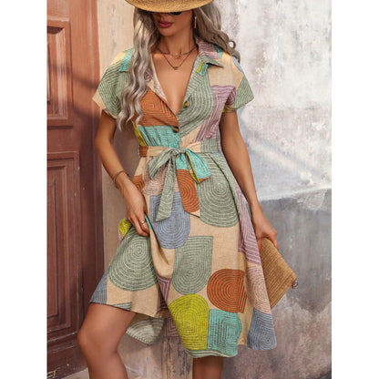 Robe Chemise Femme – Coupe Décontractée – Ceinture – Col Classique – Motifs Graphiques