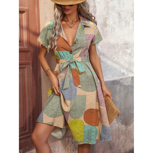 Robe Chemise Femme – Coupe Décontractée – Ceinture – Col Classique – Motifs Graphiques