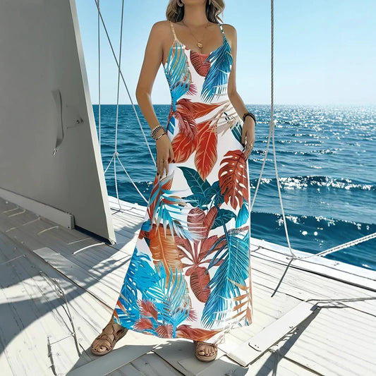 Robe longue femme – Coupe fluide – Bretelles fines – Imprimé tropical – Sans manches