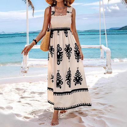 Robe longue femme – Coupe ample – Coton – Imprimé bohème – Bretelles volantées