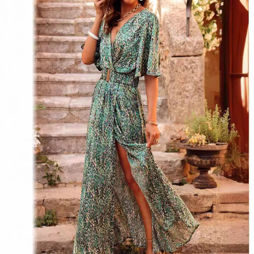 Robe longue femme – Tissu fluide – Décolleté cache-cœur – Manches courtes – Ceinture boucle