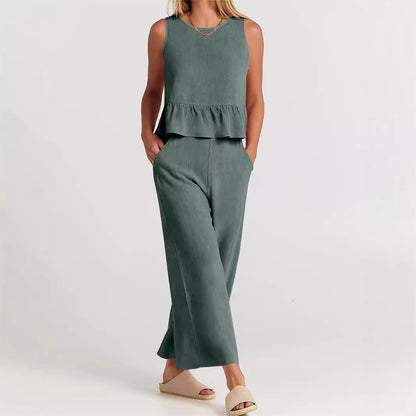 Ensemble 2 pièces pour femmes - Top court sans manches - Pantalon large à taille élastique - Coupe décontractée