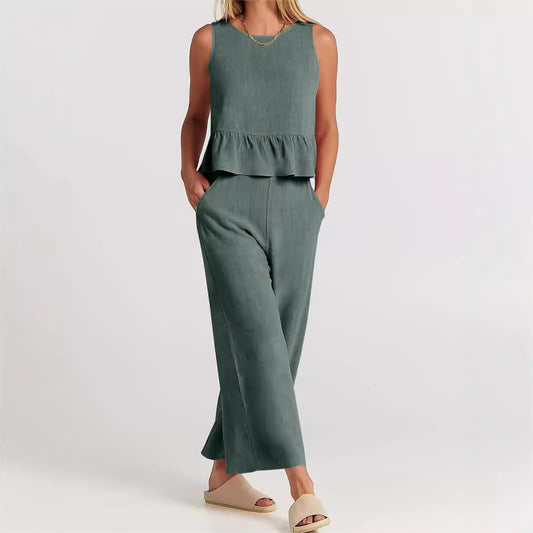 Ensemble 2 pièces pour femmes - Top court sans manches - Pantalon large à taille élastique - Coupe décontractée