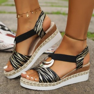 Sandales compensées femme – Bout ouvert – Bride arrière réglable – Semelle en jute