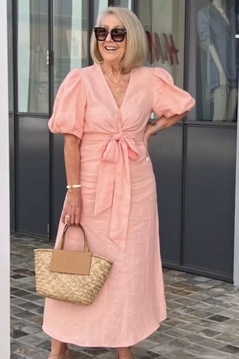 Robe midi femme – Coupe décontractée – Fibres naturelles – Manches bouffantes – Ceinture nouée – Décolleté en V