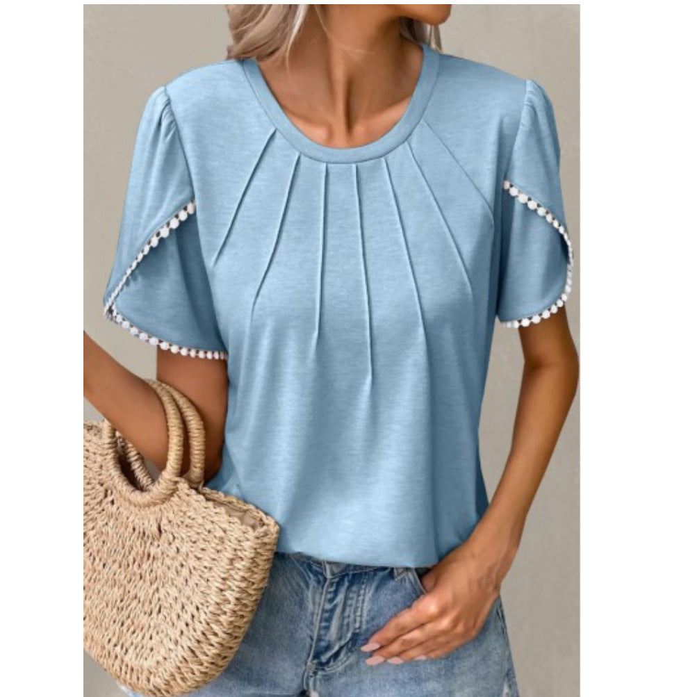 T-shirt femme – Coupe décontractée – Maille douce – Manches à volants – Plis devant