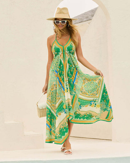Robe longue femme – Décolleté en V – Bretelles fines – Coupe évasée