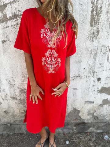 Robe midi femme – Fibres naturelles – Coupe décontractée – Manches courtes – Broderie